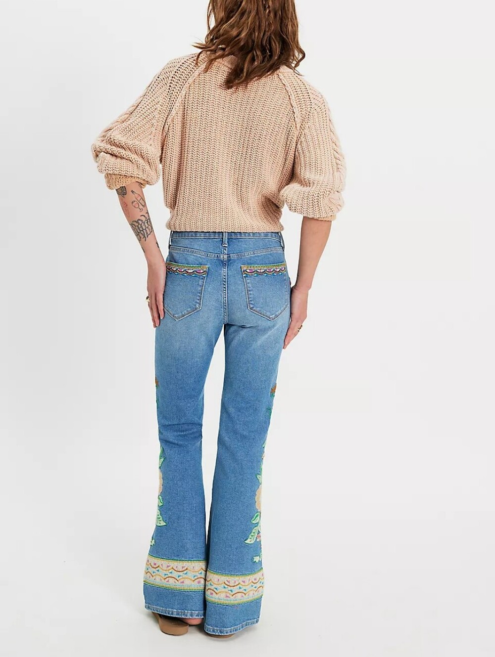 NWT Free People Driftwood Farrah Gardenia Embroidered Flare Jeans - Picture 2 of 13
